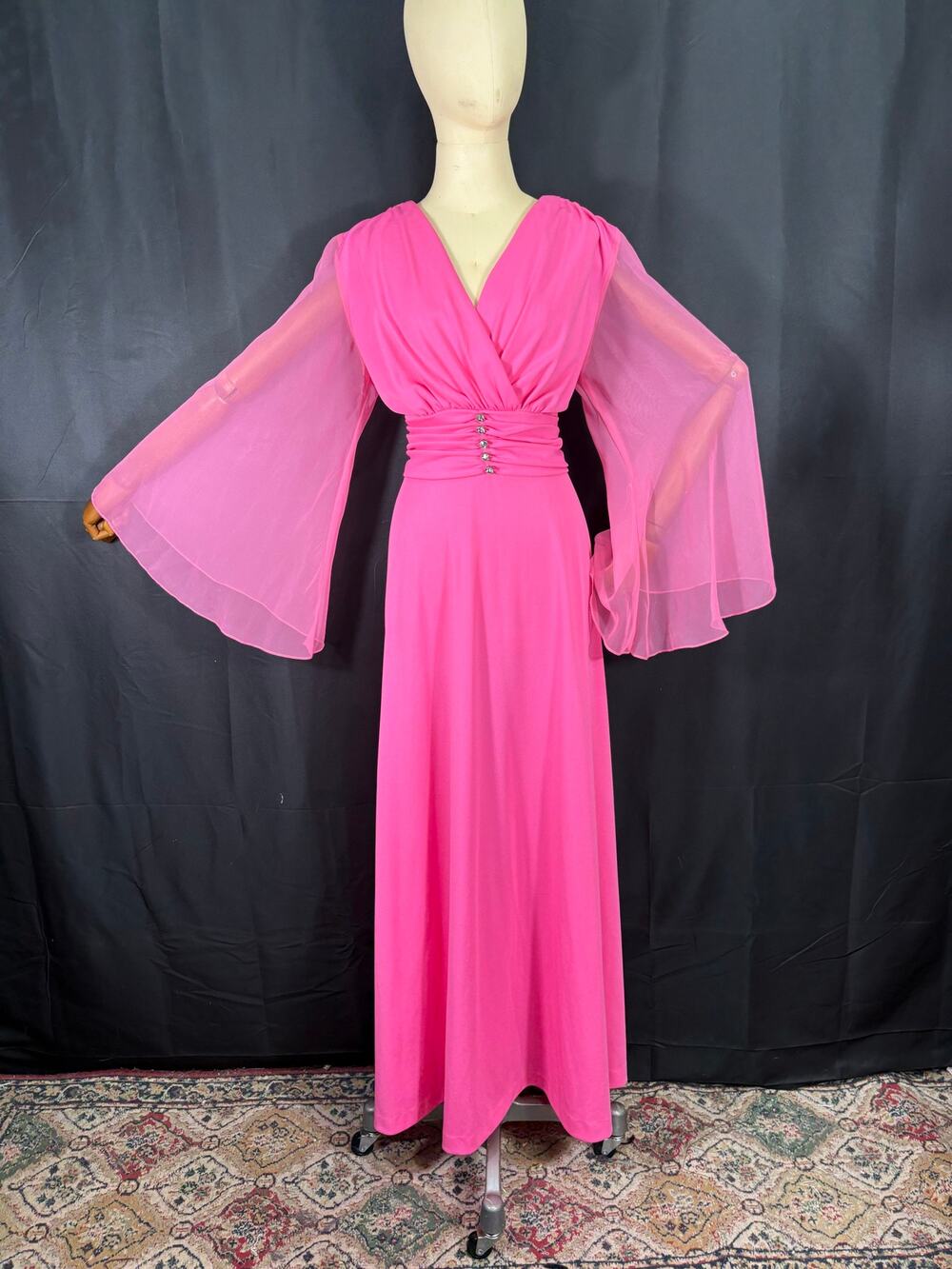 Vintage Plus Size Gown V Neck Pleated Bodice Ruched Waist Angle Sleeves Hot Pink